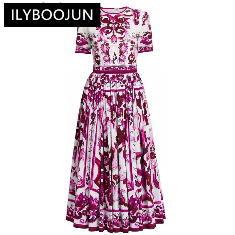 

ILYBOOJUN Fashion Designer Summer Vintage Cotton Long Dress Women's O-Neck Short Sleeve Flower Print Elegant Party Dresses