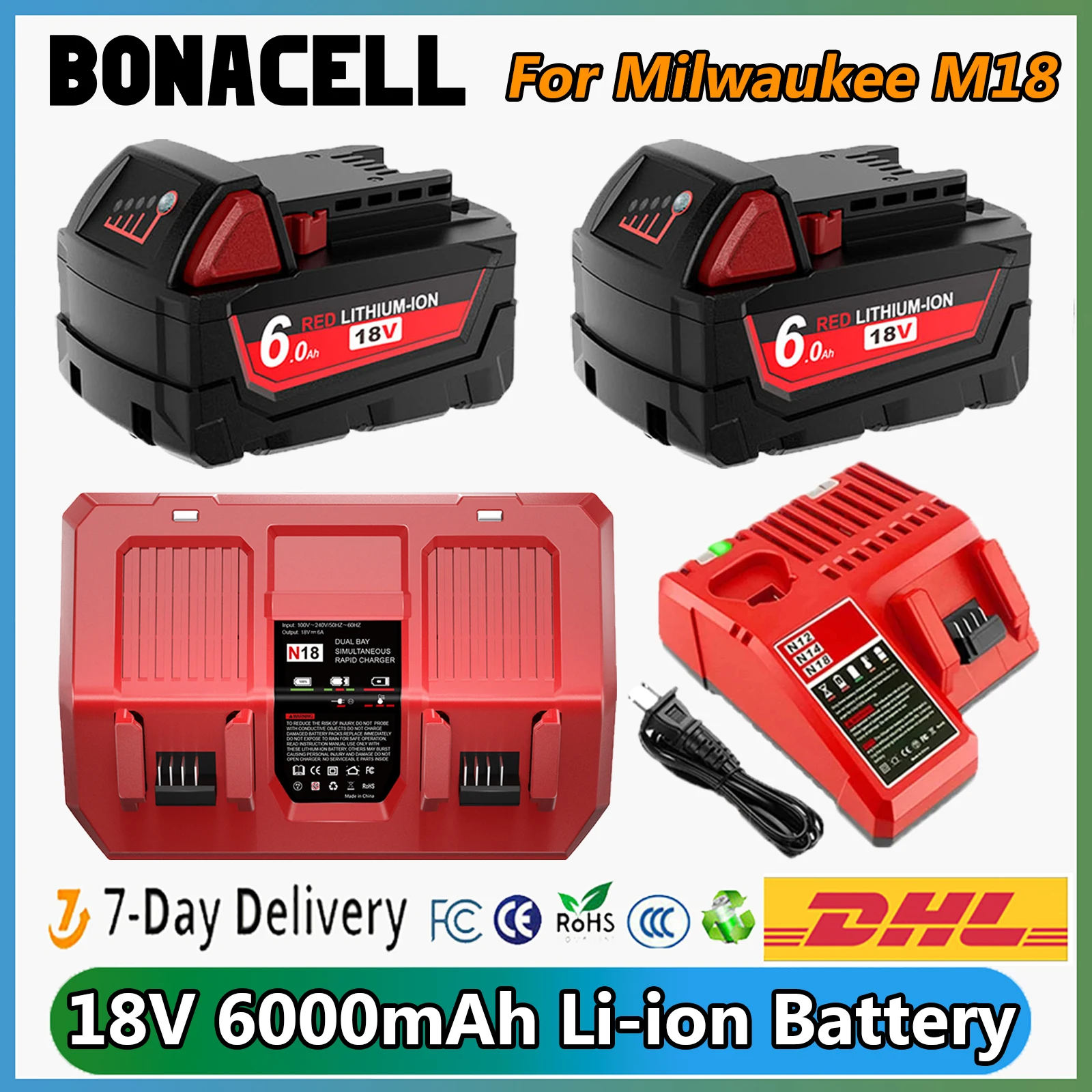 For Milwaukee M18 18V 6000mAh Li-ion Rechargeable Battery M18B5-XC For Milwaukee 18V Tool 6.0Ah Replacement Battery Dual Charger