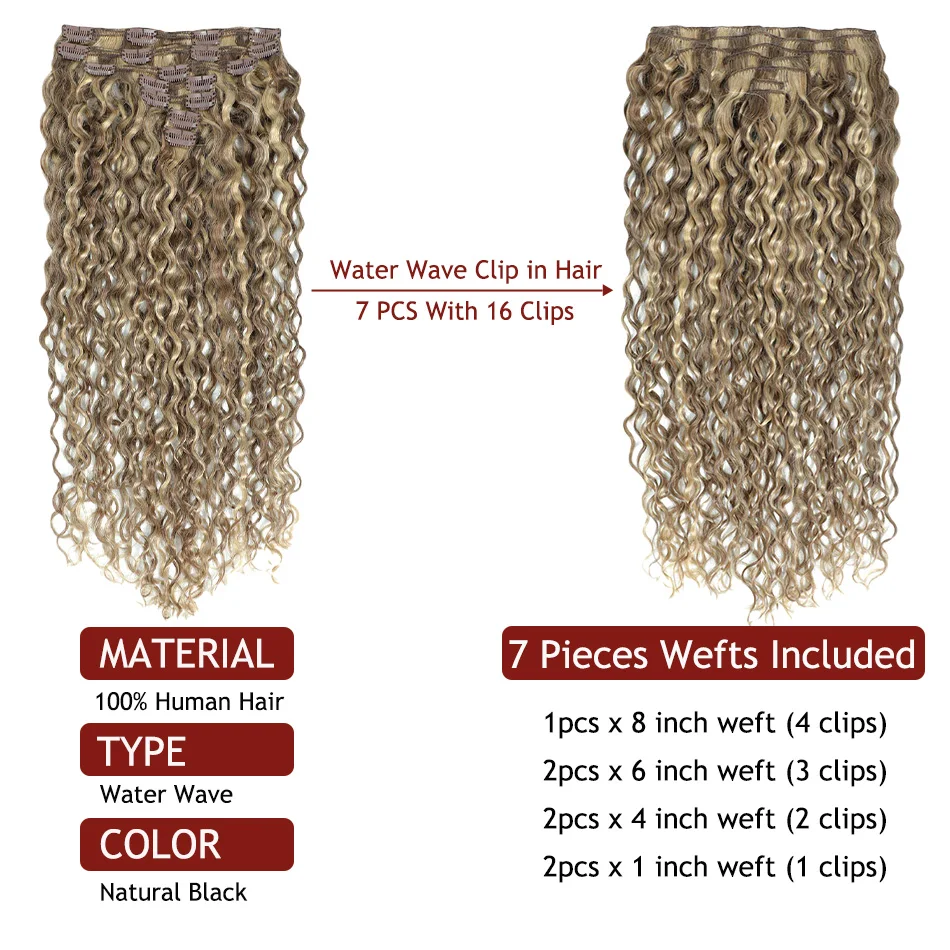 Clip In Human Hair Extensions 7Pcs/Set Water Wave Remy Hair Full Head Hair Clips Extensions Human Hair For Woman 16-28Inch