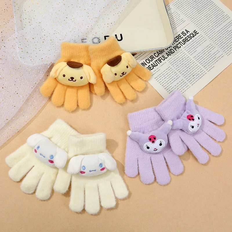 Kuromi Hello Kitty Cinnamoroll Kids Gloves Thicken Warm Dew Fingers Warm Hands Girls Boys Fall Winter Sanrio Plush Coral Gloves