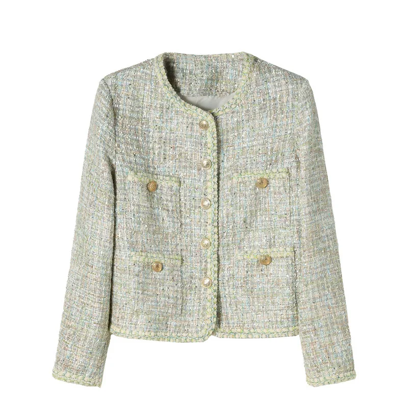 

Apple green round neck short coarse tweed jacket, new spring and autumn loose small fragrant style top