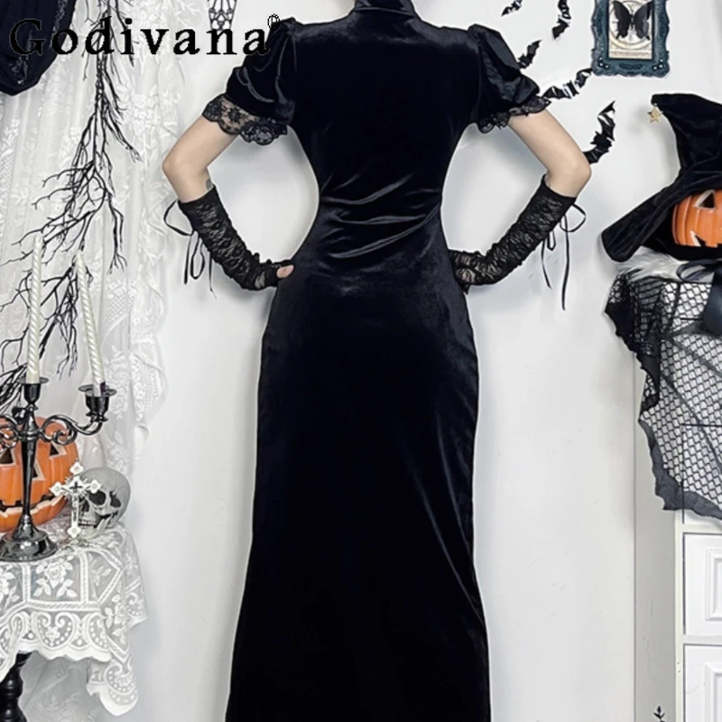 Chinese Style Black Improved Cheongsam Dress Women Ghost Bride Cosplay Dress Female Short Sleeve Hollow Sexy Dress