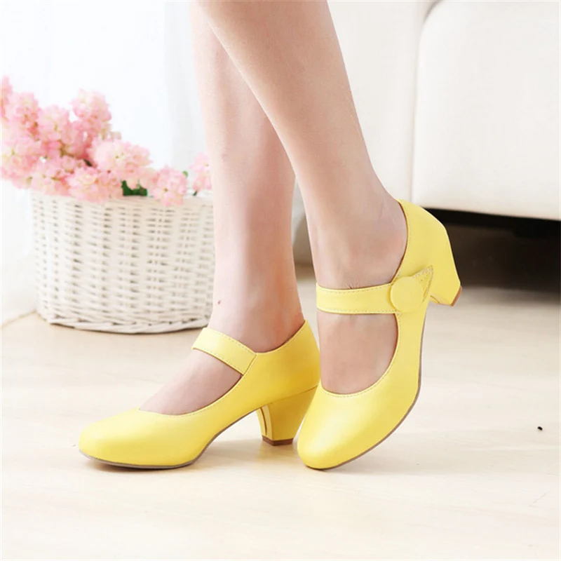 Zapatos de tacón bajo amarillo para mujer, zapatos Mary Jane a la moda, cómodos zapatos de tacón con correa, color Beige y rosa, zapatos informales para fiesta y boda