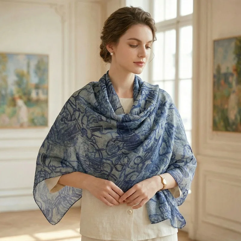 

Lightweight Large 100% Mulberry Silk Scarf for Women Oblong Shawl Neck Scarf Beach Wrap Headscarf Gift Pack Dark blue printed