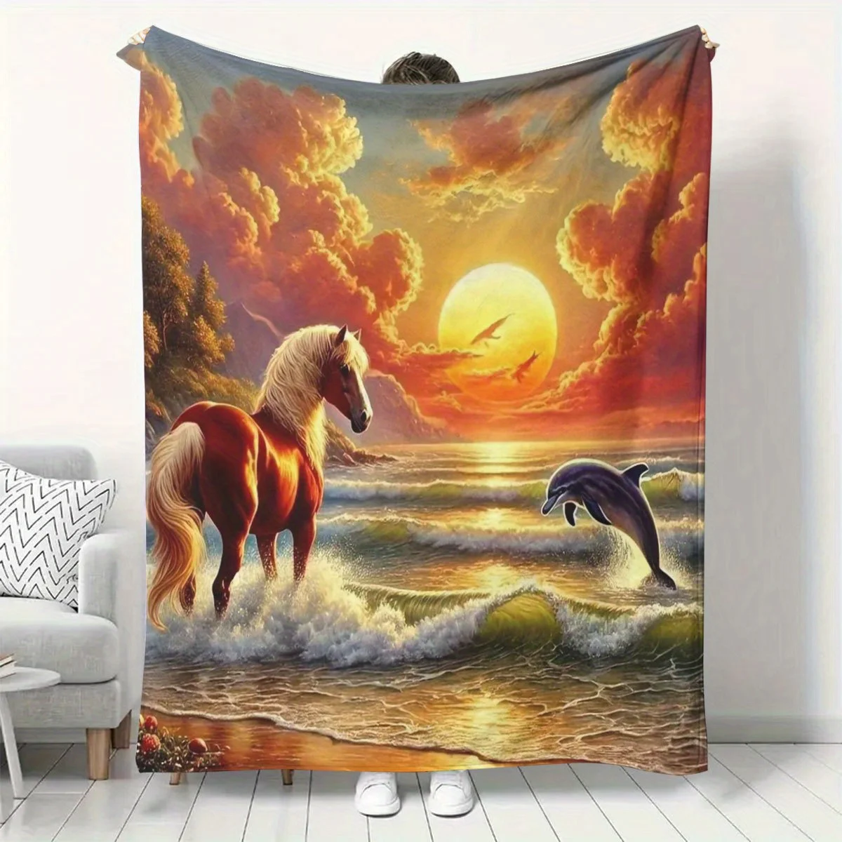 Fantasy Beach Horse Dolphin Flannel Throw Blanket Red Horse Standing Seawater With Jumping Dolphin Gorgeous Golden Sunset Ocean