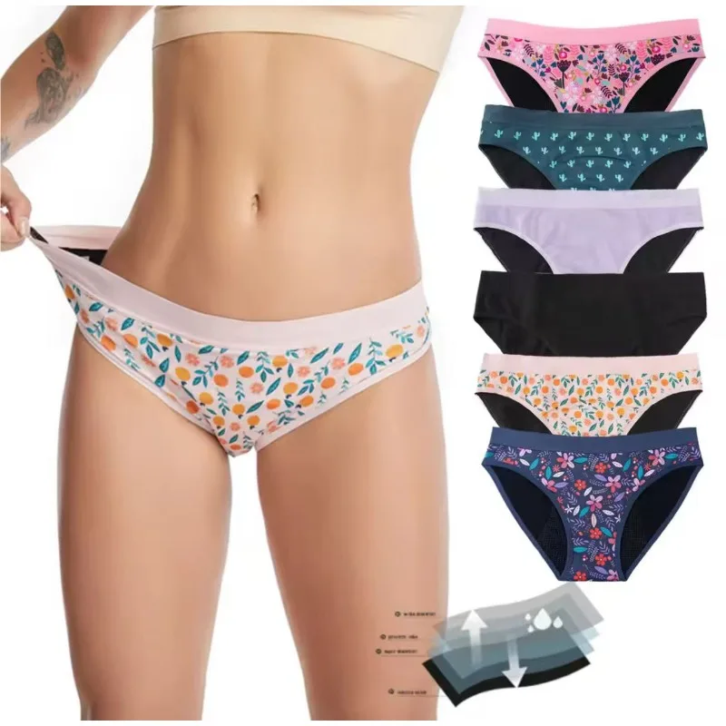 Conjunto de Braguitas Menstruales de Algodón para Adolescentes, Ropa Interior con Estampado, Braguitas de 4 Capas con Absorción de Flujo Medio para Niñas