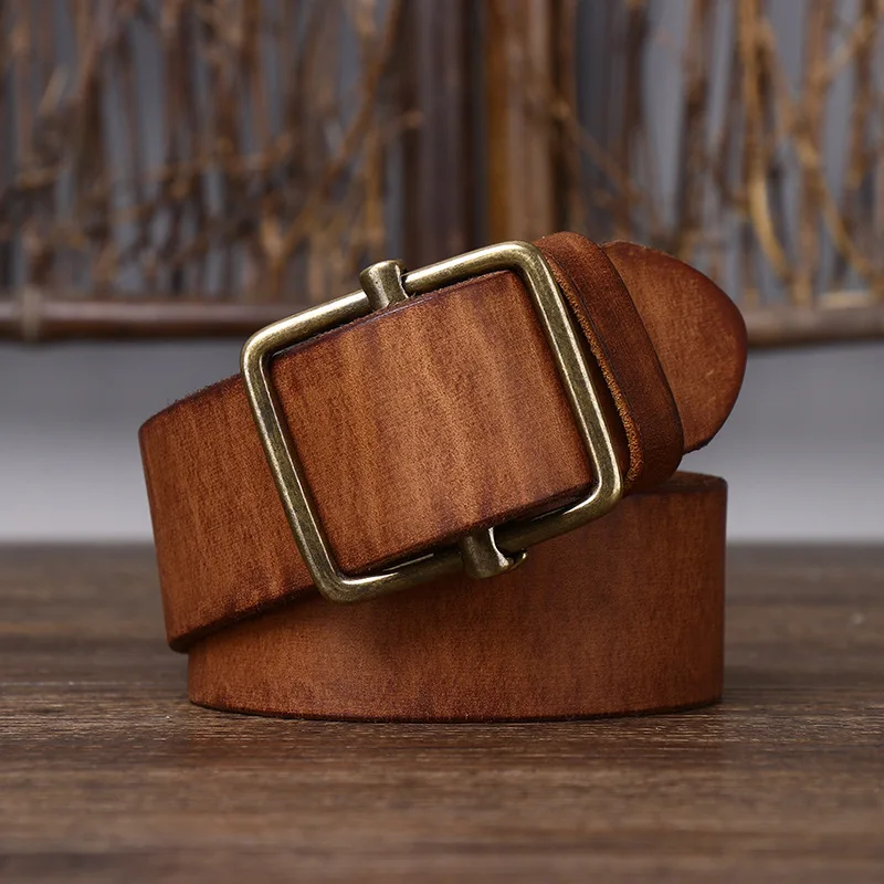 New Men's Non-Perforated Leather Belt, Smooth Buckle, Top Layer of Cowhide, Retro Simple and Versatile Denim Belt