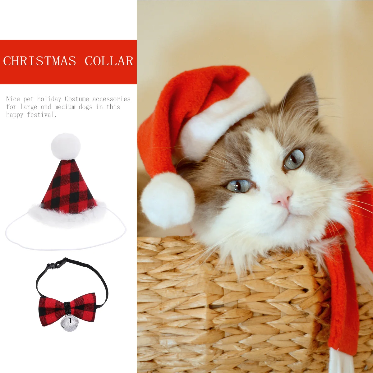 

2Pcs Pet Christmas Collar Hat Santa Dog Winter Costume Party Supplies Necklace Holiday Dog Accessories Christmas Decorations Pet