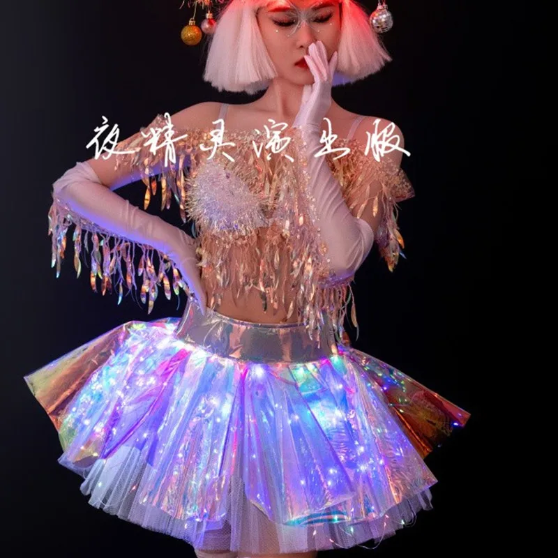 Bar Nightclub Party Show Singer Dancer Team Performance Costume Christmas Festival Clothing Sequin Tassel Top Laser Skirt Outfit