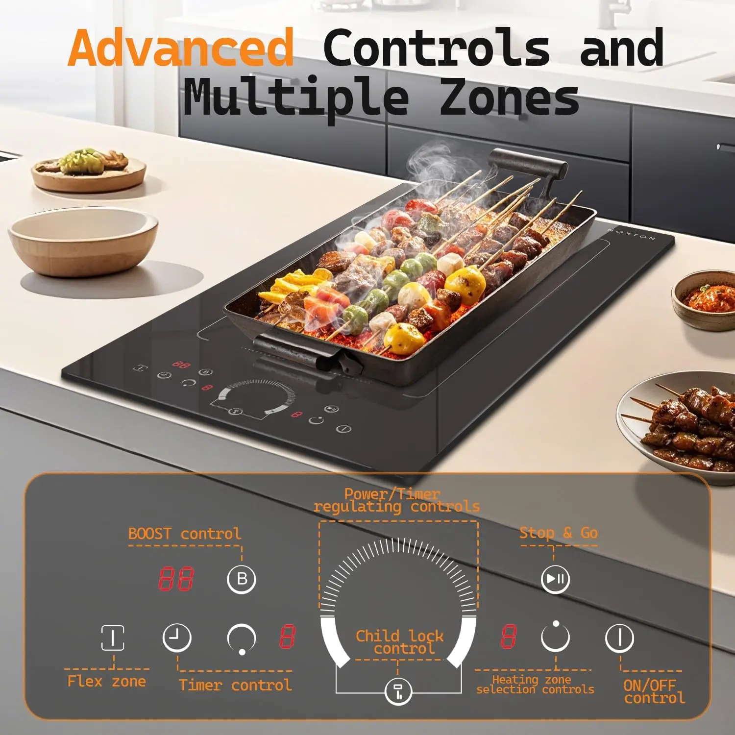 NOXTON Cocina de Inducción Doble 30cm, 2 Hornallas, Zona Flex, 9 Niveles, 3500W, Control Táctil, bloqueo de seguridad, Temporizador, 220-240V