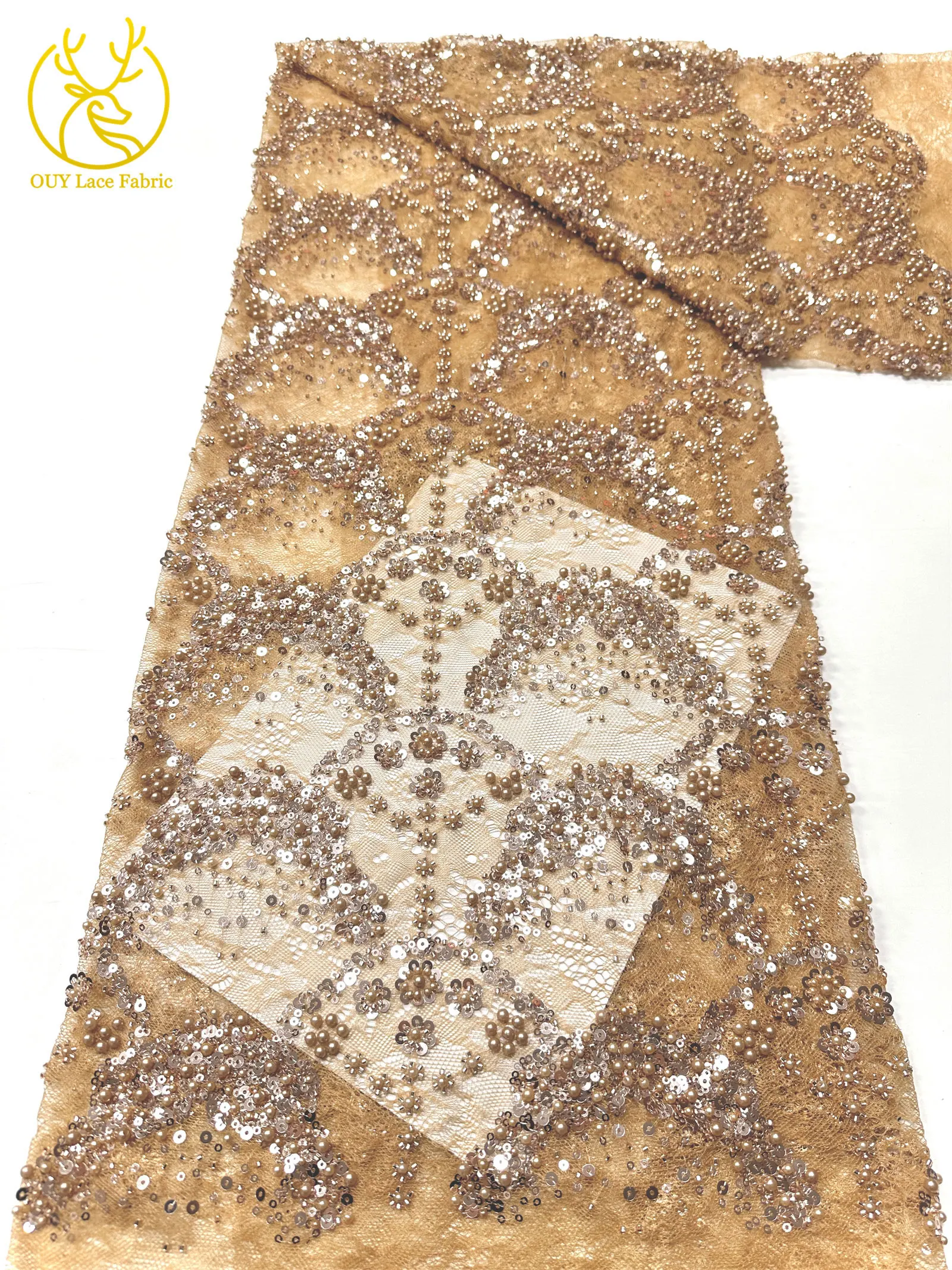 Luxuriöser französischer Kleid-Perlen-Spitzenstoff 2026, hochwertiger gelber afrikanischer Pailletten-Spitzenstoff für Frauen, Hochzeit, Party, Kleid, Nähen – Detail 21