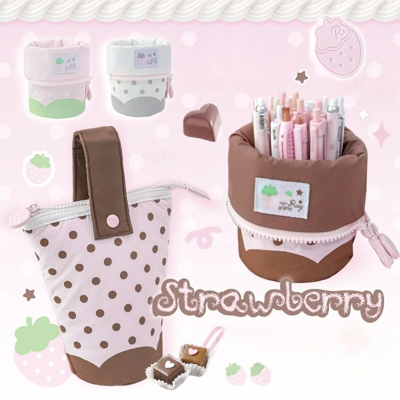 Cute Cartoon Strawberry Vertical Pencil Case Large Capacity Korean Style Stationery Bag Flip-Over Into Pen Holder for School