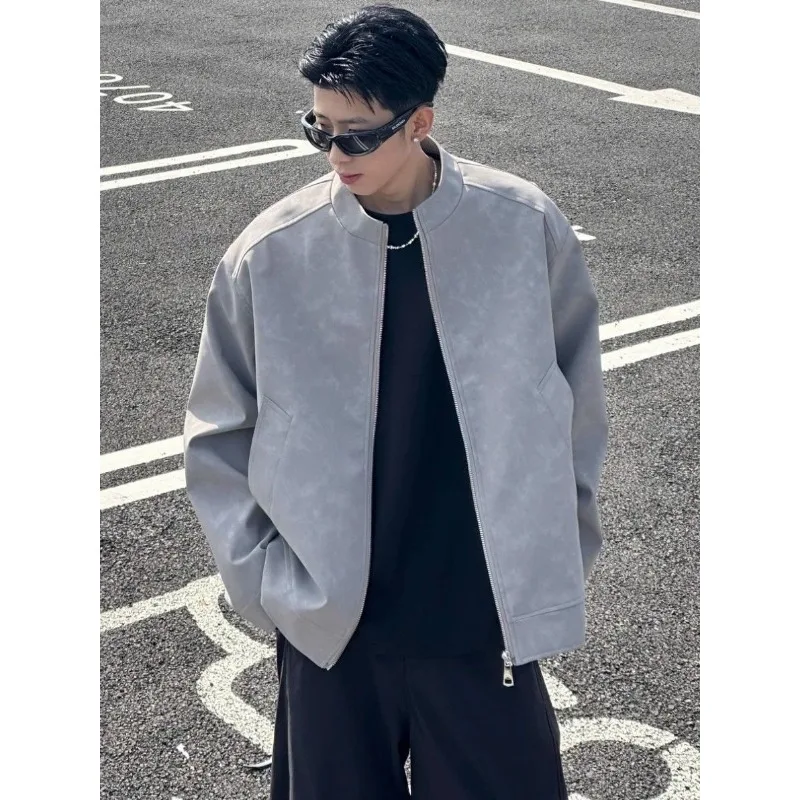 

Осенняя простая высококачественная кожаная куртка, универсальная модная туманная куртка, мужская повседневная куртка, окрашенная в технике тай-дай, американская искусственная кожа