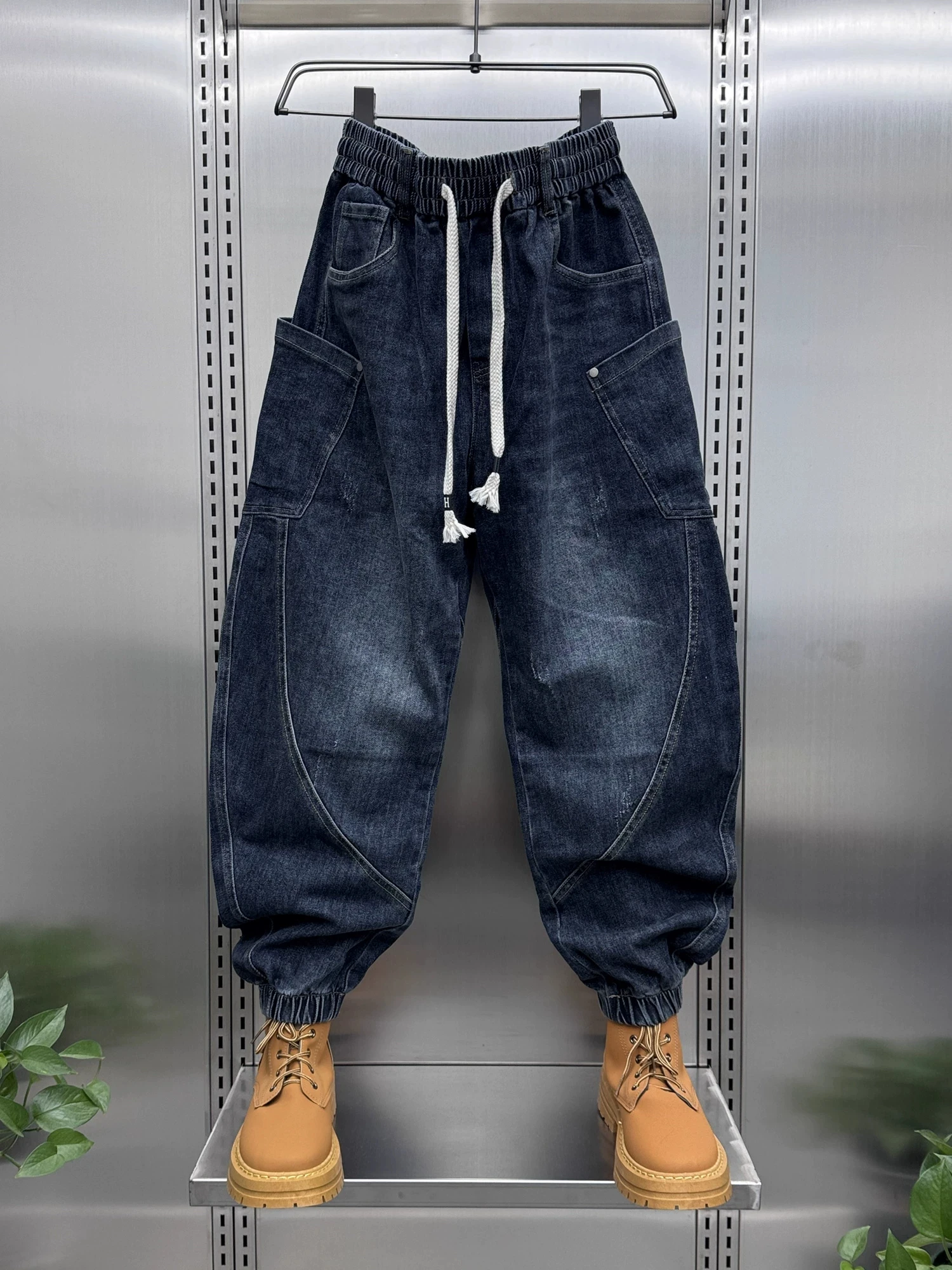 Loose Men's Denim Jeans Autumn Season American Style Patchwork Cuffed Harem Pants Versatile Casual Workwear Trousers