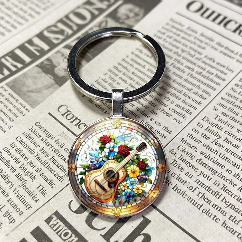 Vibrant Musical Pattern Glass Keychains Piano Guitar Drum Style Key Chain Ideal Gift For Music Teacher & Musician