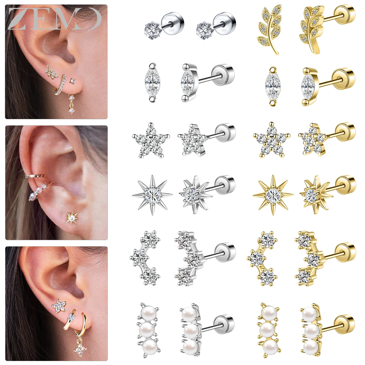 ZEMO 1 Pair Trendy Stainless Steel Stud Earrings Women Girls Zircon Ear Studs Sun Star Helix Conch Tragus Piercings Jewelry 20G