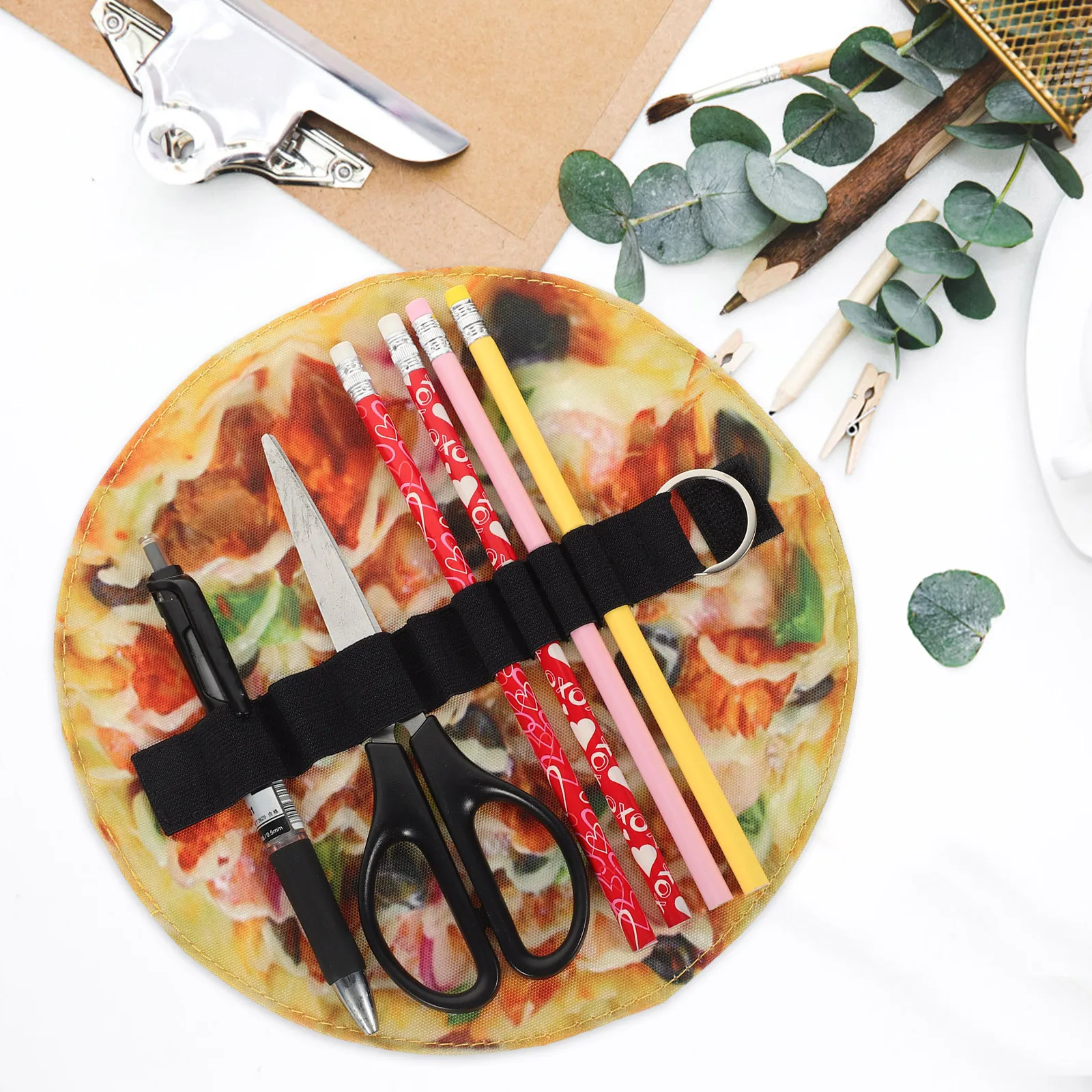 

Creative Pizza Pencil Pouch Roll Canvas Pen Organizer Stationery Storage Bag Brush Pens Holder Daily Use Roll Pen Bag