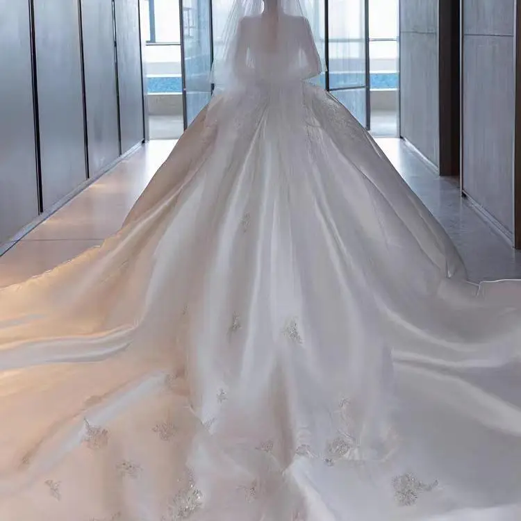 Abito da sposa in raso di seta Dr 2024 New Sle Or plus Size Abito da sposa con cintura ricamata a vita alta con coda lunga fino al pavimento