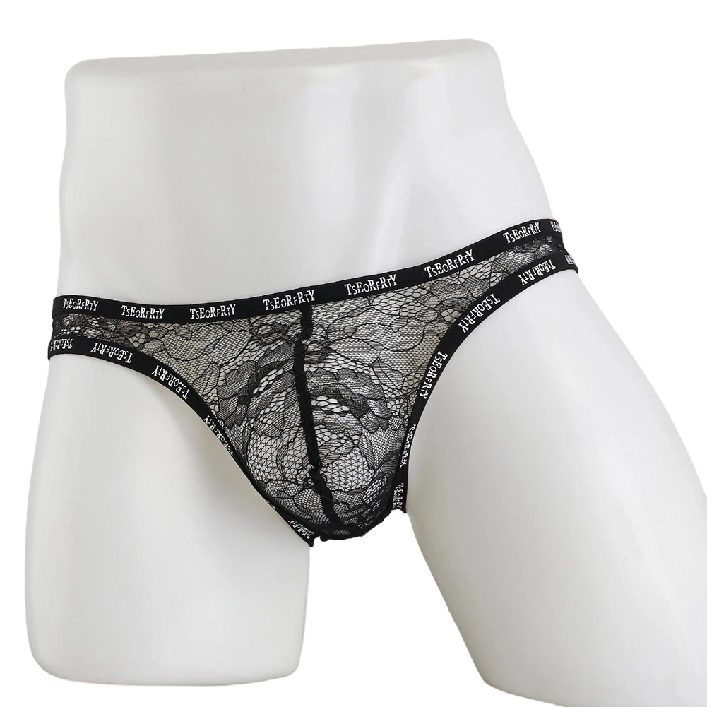 Comfortable Transparent Men Jacquard Lace Briefs Bikini Bulge Pouch Underwear Half-wrapped Hip Breathable Sissy Panties