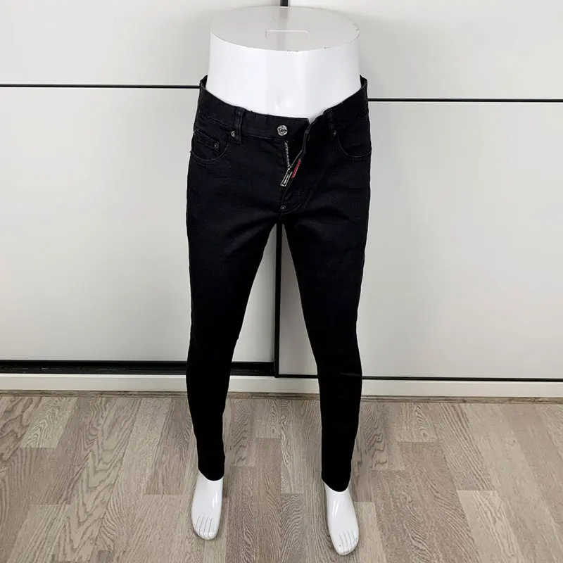 Men Pure Black Smooth Surface Solid Color Stretch Skinny Denim Jeans Simple Urban Casual Streetwear Denim JeansY2K