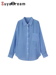 SuyaDream, Women Striped Shirts, 100%Silk Crepe de chin, Dropped Shoulder Blue Blouses, 2024 Spring Summer Office Lady Loose Top