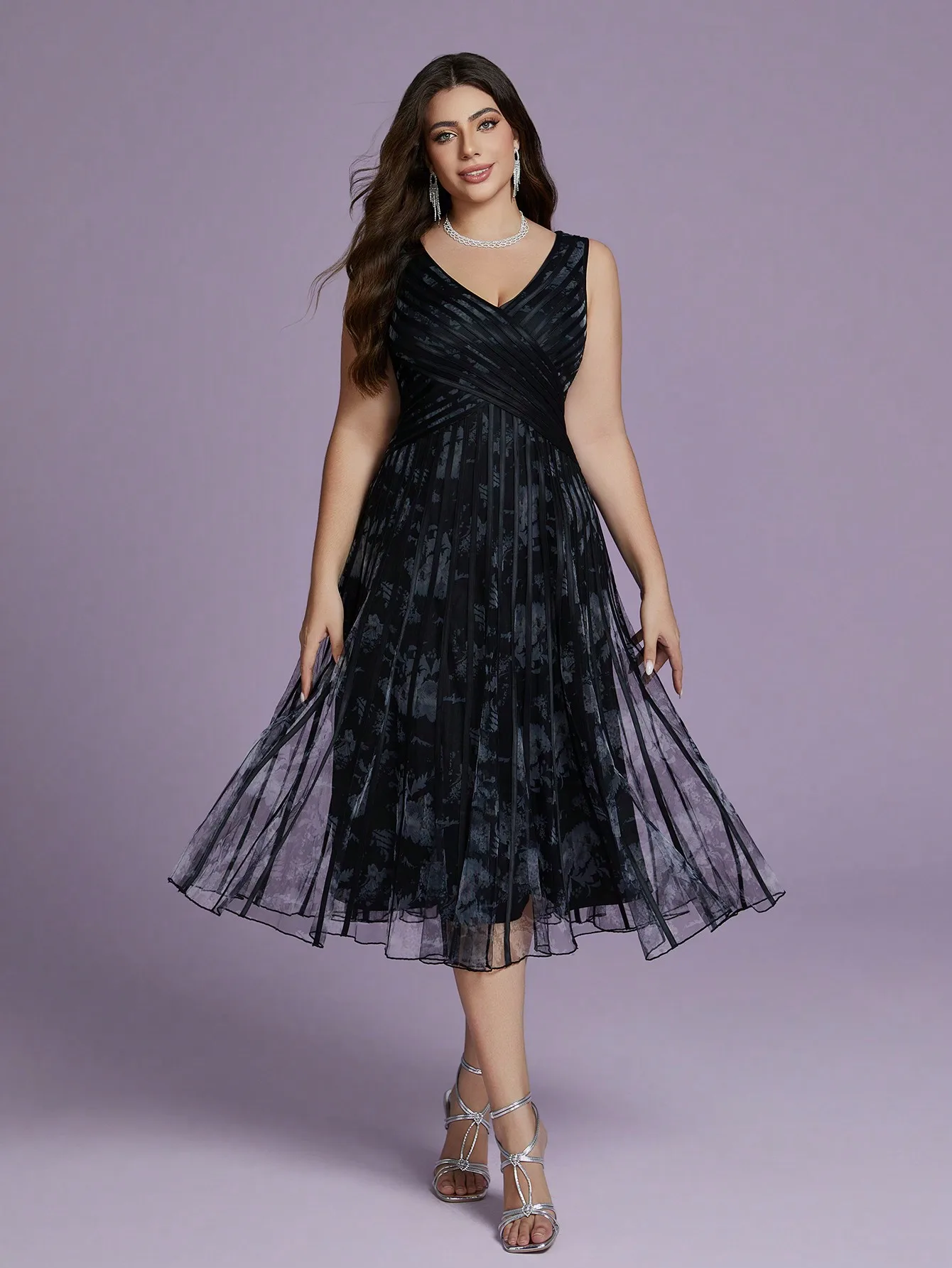 

Высококачественное вечернее платье Mgiacyv с сетчатым принтом и вырезом в перекрестную полоску