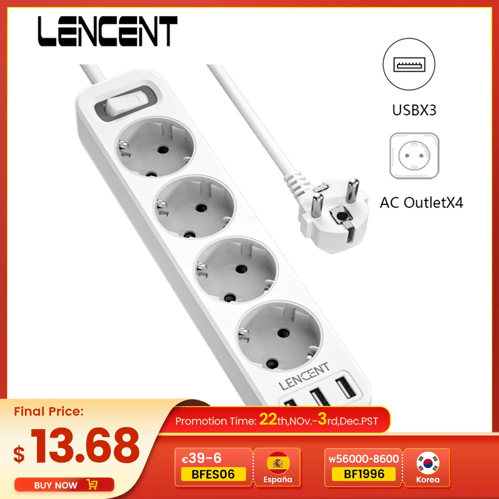 LENCENT EU Power Strip with 4 Outlets and 3 USB Ports 5V/2.4A  4000W 7 in 1 Multiple Socket with On/Off Switch 1.5M Cable Socket