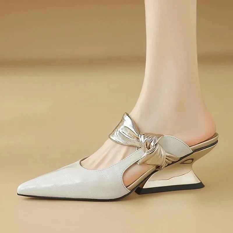 

2026Black Pointed Toe High Heel Mules, Wide Bow Knot Backless Sandals, Gold Accent Block Heel Dressy Shoes for Women