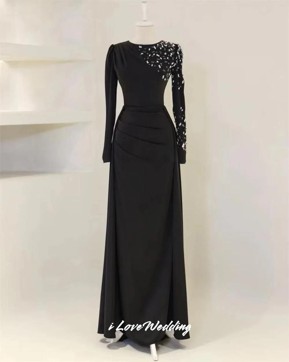 블랙 O넥 이브닝 드레스 2025 롱 슬리브 비즈 장식 머메이드 사우디 아라비아 플로어 기장 플리츠 웨딩 파티 드레스 맞춤 제작