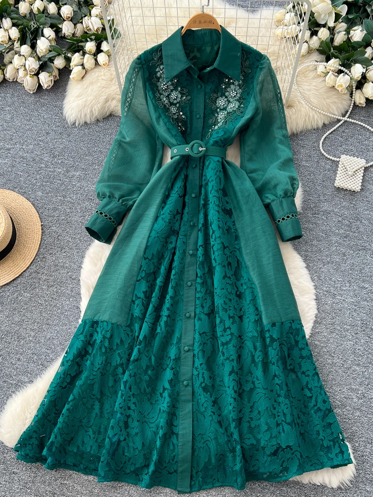 

Корейское элегантное кружевное платье с вышивкой бисером для женщин, весеннее, с длинными рукавами, приталенное, А-силуэт, длинное, класса люкс