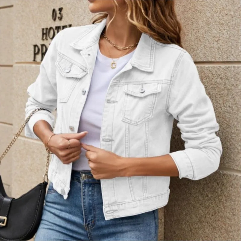 Women's Denim Lapel Single Breasted Jackets Spring Autumn Casual Fashion Button Pocket Long Sleeve Solid Color Lady Coat
