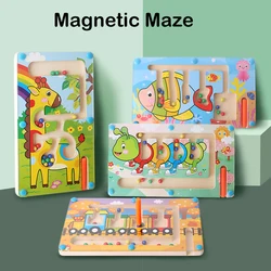 Wooden Magnetic Maze,Train Animals Shape Labyrinth Toys, Early Educational Toys, Magnetic Pen Driving Beads Interactive Game