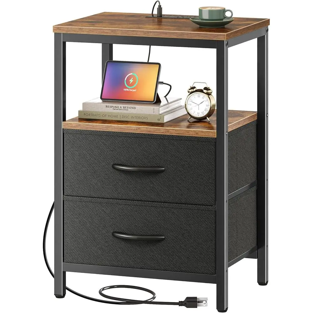

Bedside Table with Charging Station, Fabric Drawers, Open Shelf, USB & Outlets, Rustic Brown and Black