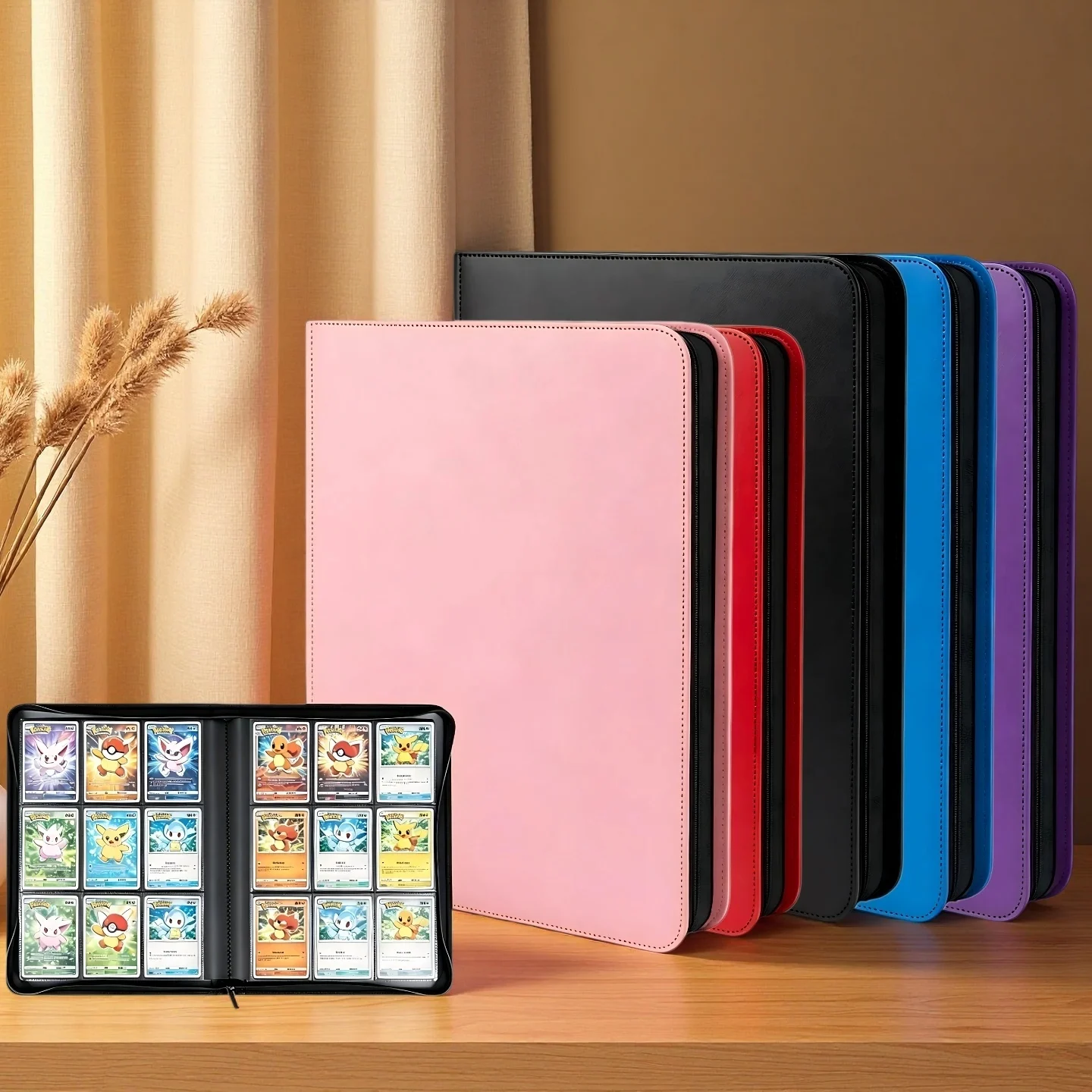 PU Leather Zipper Card Binder 4/9/12 Pocket 160/360/480 Slots Acid Free for Pokemon Yu-Gi-Oh TCG, 70x95mm