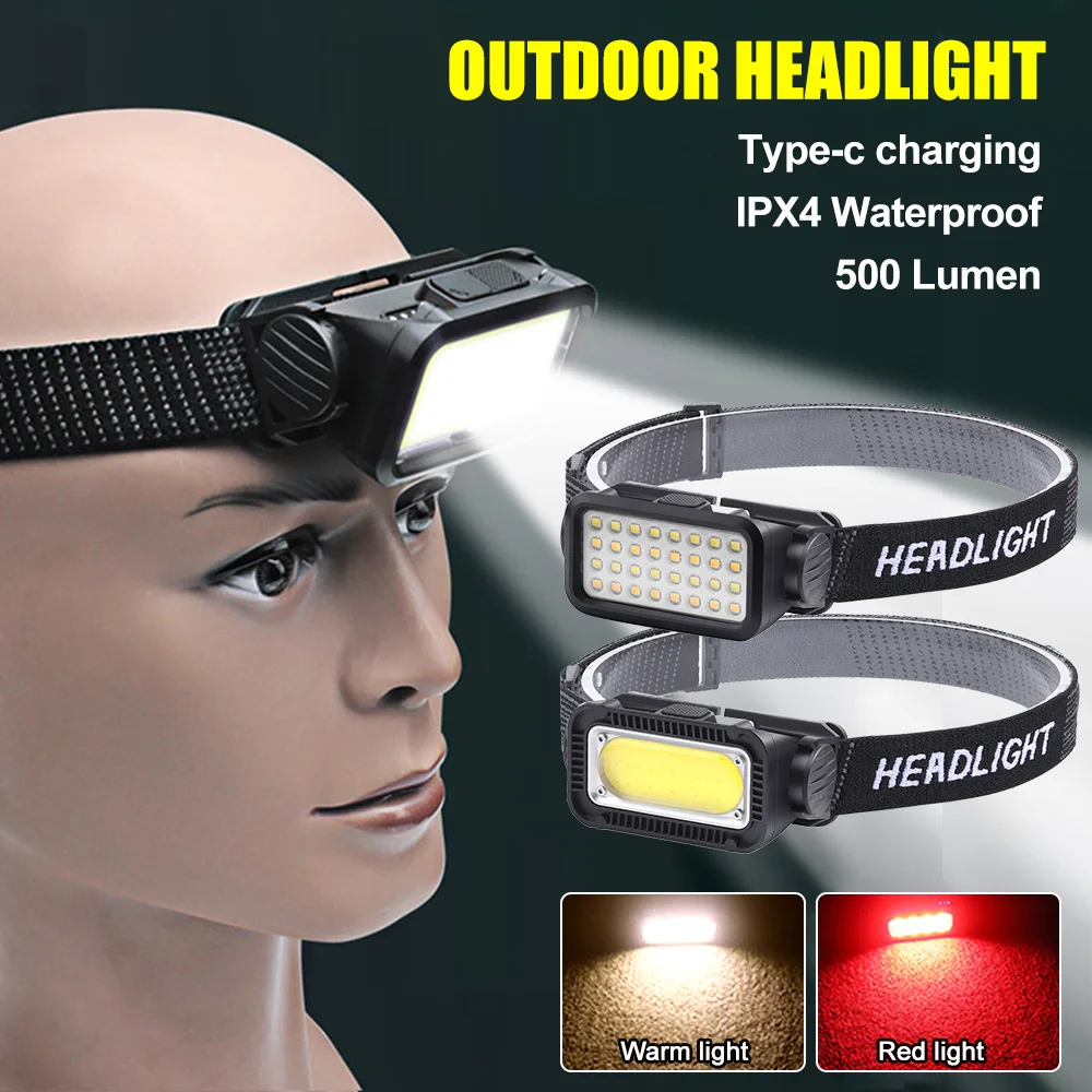 LED Headlamp COB Portable Powerful Rechargeable Headlight Built-in Battery Waterproof Head Torch Head Lamp Hiking Camping Lamp