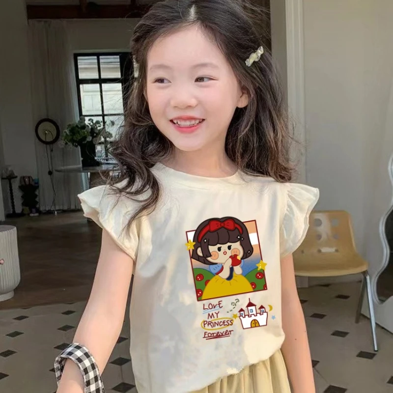 

Cartoon Kids Cap Sleeve Tee, Girls 100% Cotton Cute Round Neck Summer Top Toddler Base Layer Fashion Outfit