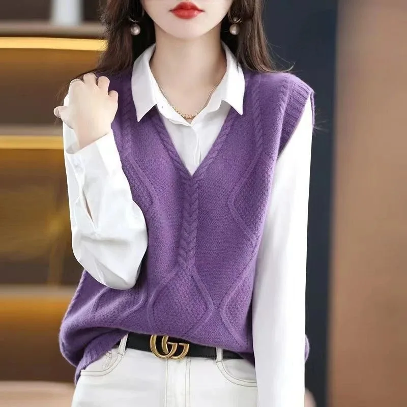 Spring Autumn New Sleeveless V-neck Korean Streetwear Fashion Women Solid Knitted Sweater Vest Casual Loose Vintage Pullover Top