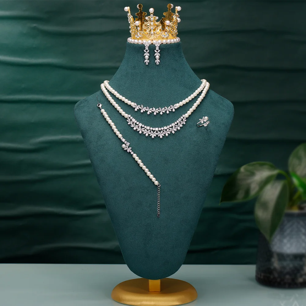 

JEWEL Роскошные ювелирные изделия для невесты с жемчугом и кубическим цирконом для женщин, корейский темперамент, серьги на ключицу, ожерелье, комплект