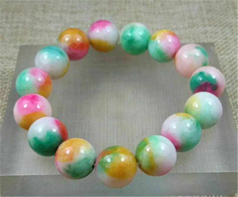 

12MM 100% Natural PINK GREEN YELLOW JADE Round Beads JADE Bracelet 7.5''