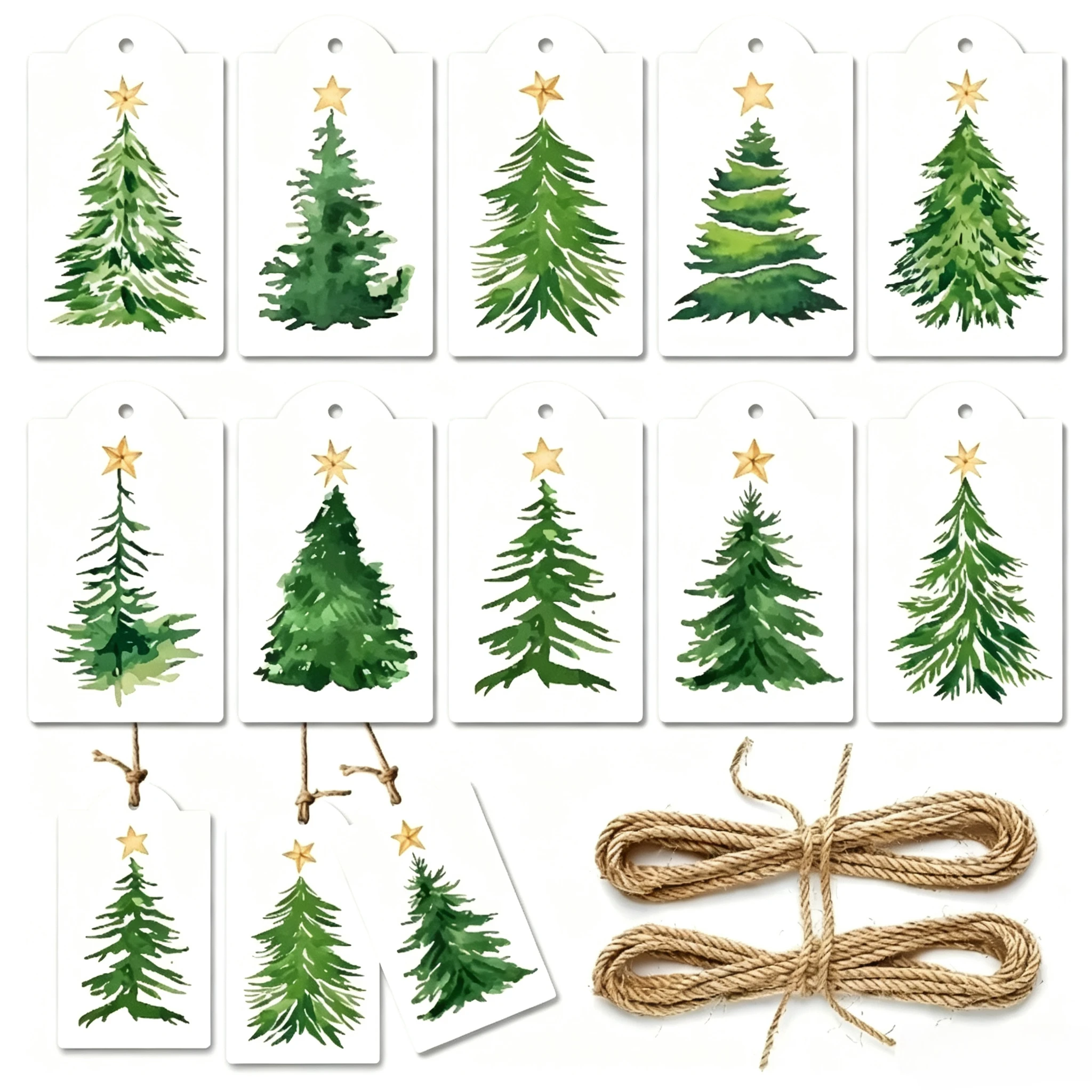 60 Stück Karten Weihnachten Aquarell Kiefer Geschenkanhänger Festliche Hängeetiketten Verpackungsbox Dekoration Geschenkanhänger mit 30 m Hanfseil – Detail 4