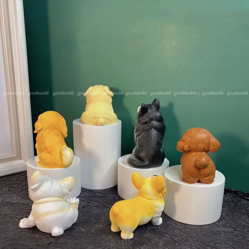 3D Animals Dog Mold Corgi Dog Golden Retriever Teddy Bulldog Gypsum Epoxy Resin Silicone Mold DIY Desktop Decoration