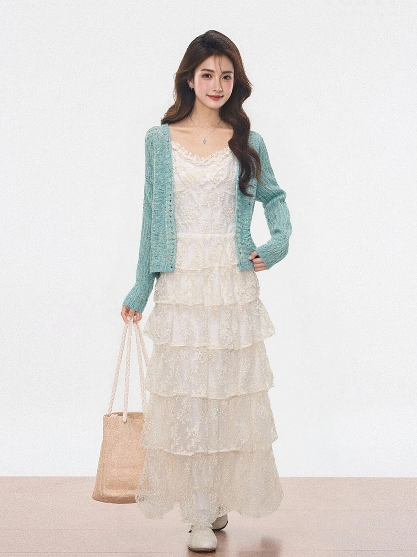 

Mint een Lace Casual Sweater Cardigan Women's Spring Summer New Sle Slim Fit Set with Cake Strap Dr Breathable Comfort...