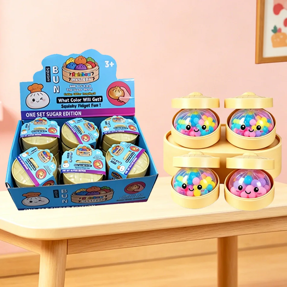 Brinquedo Sensorial Anti-stress Squishy Rainbow Dumpling Edição Açúcar – Brinquedo Sensorial Colorido Recheado com Bolinhas para Alívio do Estresse com Vaporizador de Bambu C