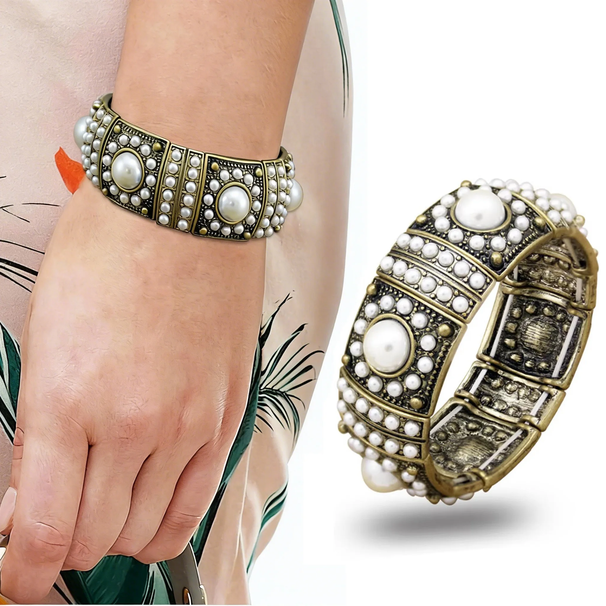 خمر الذهب اللون قبة اللؤلؤ 1920s سوار فني للمرأة رجل الموضة مطاطا الإسورة للجنسين مجوهرات البوهيمي اكسسوارات #3