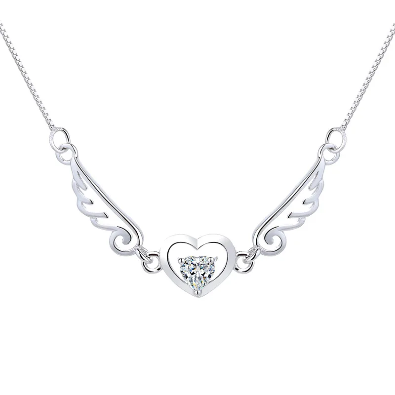 

S925 Pure Silver Angel Wings Love Heart Pendant Necklace Women