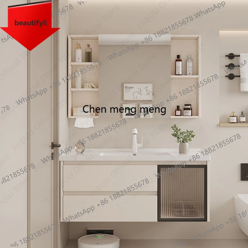 

Настенный комплект для ванной комнаты 01A: тумба с интегрированной керамической раковиной и умным зеркальным шкафом для хранения и организации пространства