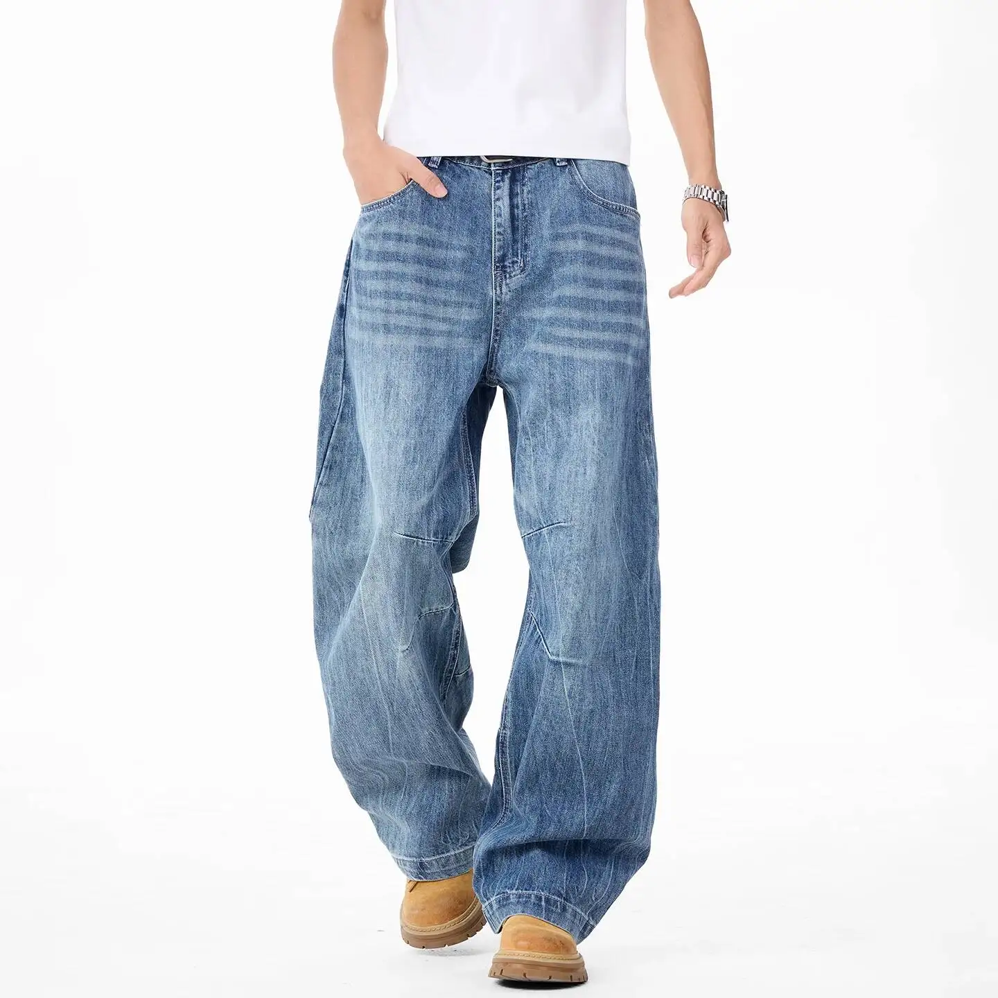 Curved Vintage Men's Seam Wide Leg Jeans Washed Blue Baggy Fit Casual Lightning Pattern Flower Washing Denim Pants T4O1