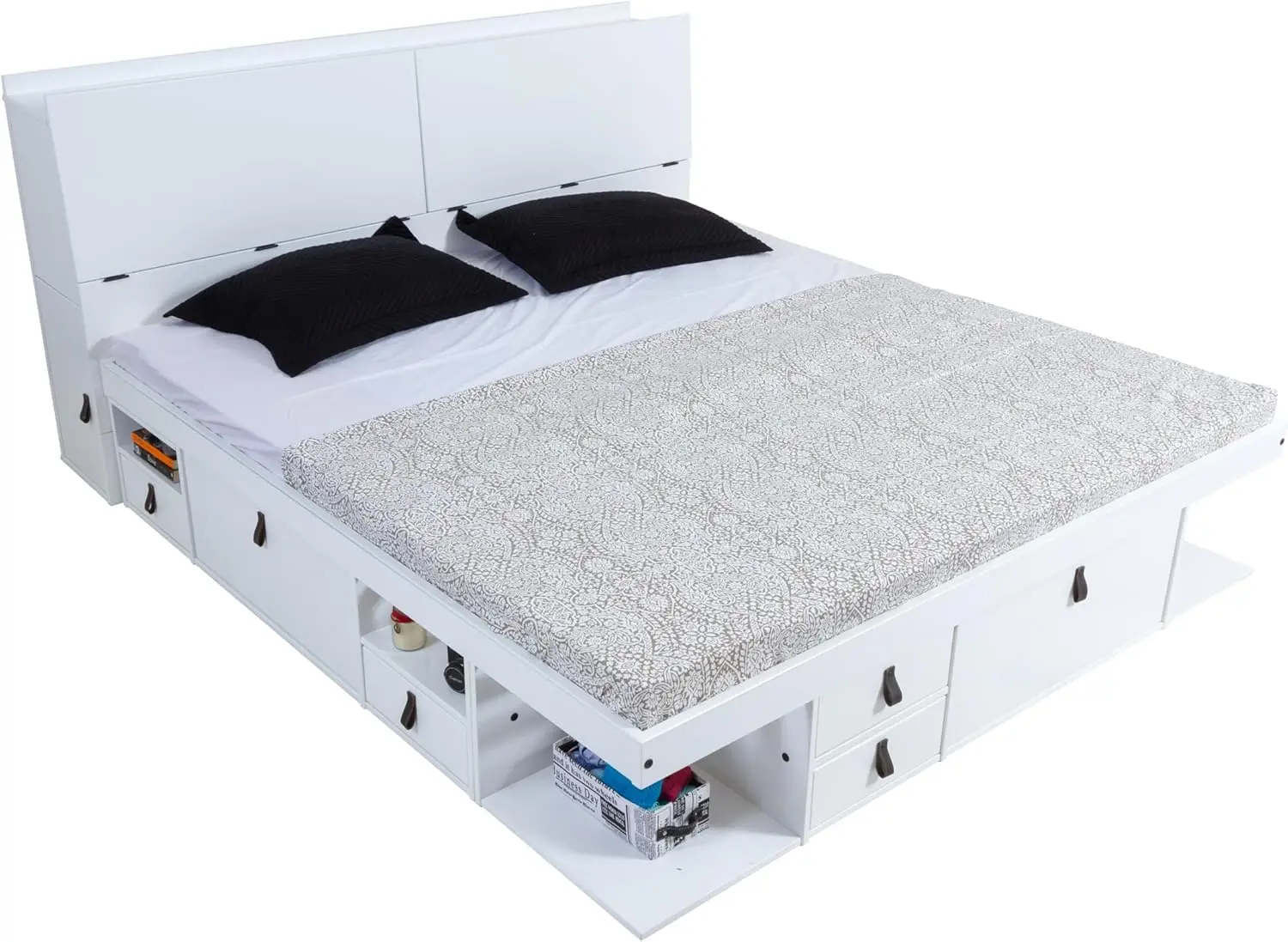 

memomad Bali Storage Set: Storage Platform Bed with Drawers + Storage Headboard (King Size, White Wood)