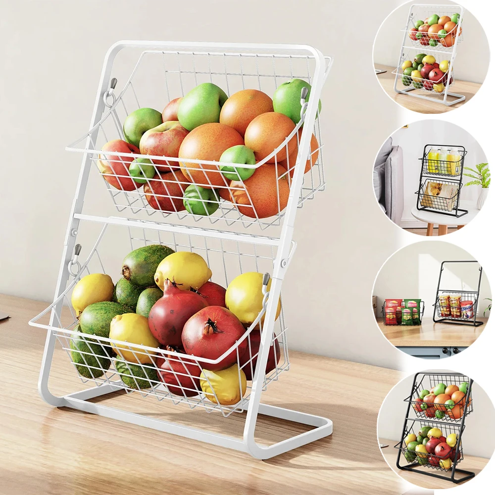 

Removable Fruit Basket Double Layer Hollow Out Vegetable Shelf for Kitchen Bathroom Countertop Storage Racks Cesto Organizador