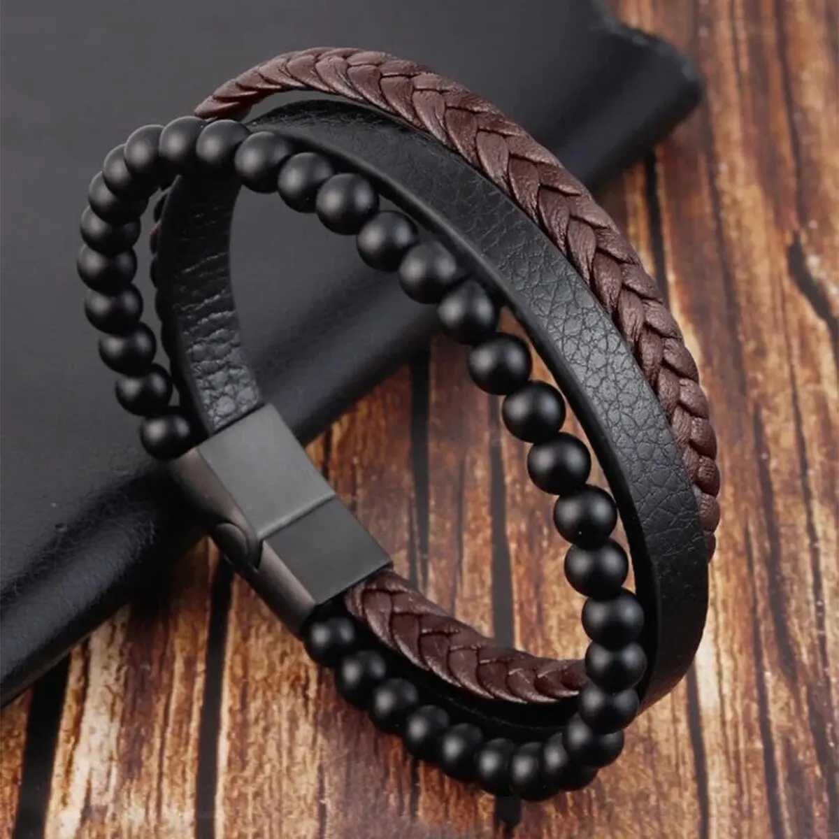 Multi -Style Volcanic Stone Or Tiger Eye Stone Plus PU Leather Three -Layer Men's Bracelet Business Leisure Gift Given To Men